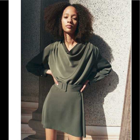 zara green belted dress Zara ZW Collection Darted Midi Dress Dark Khaki Green Size S M L XL  2965/260 New